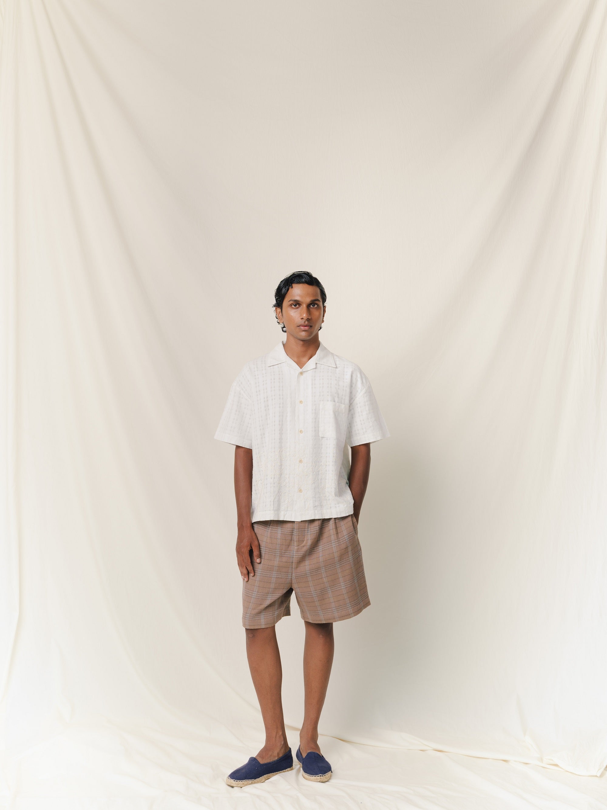 Embroidered Short Sleeve Khadi Vacay Shirt, in Ecru