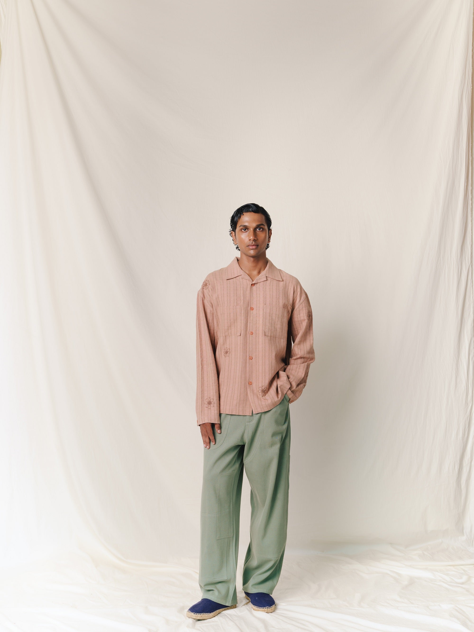 Embroidered Long Sleeve Khadi Vacay Shirt, in Umber