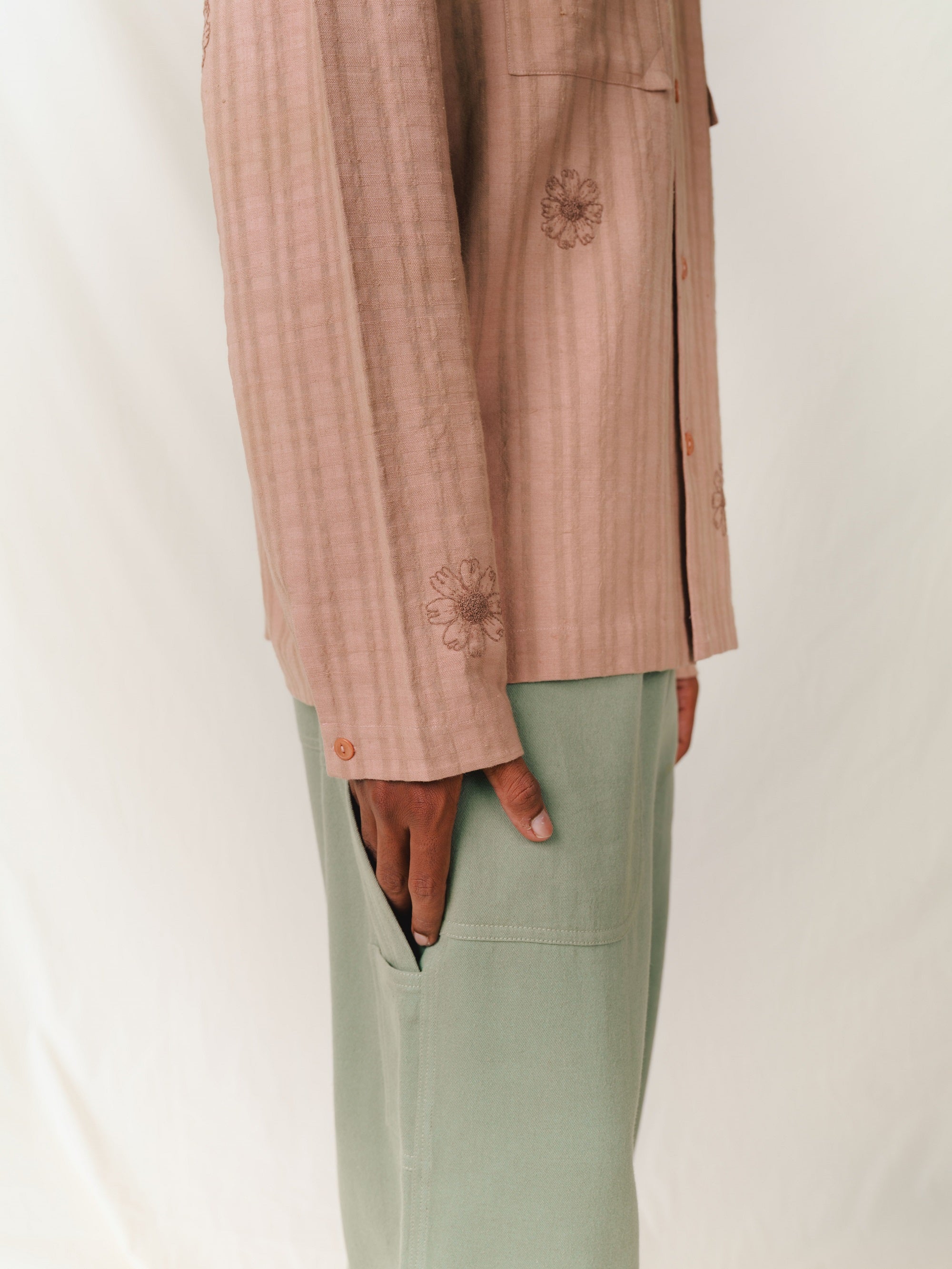 Embroidered Long Sleeve Khadi Vacay Shirt, in Umber