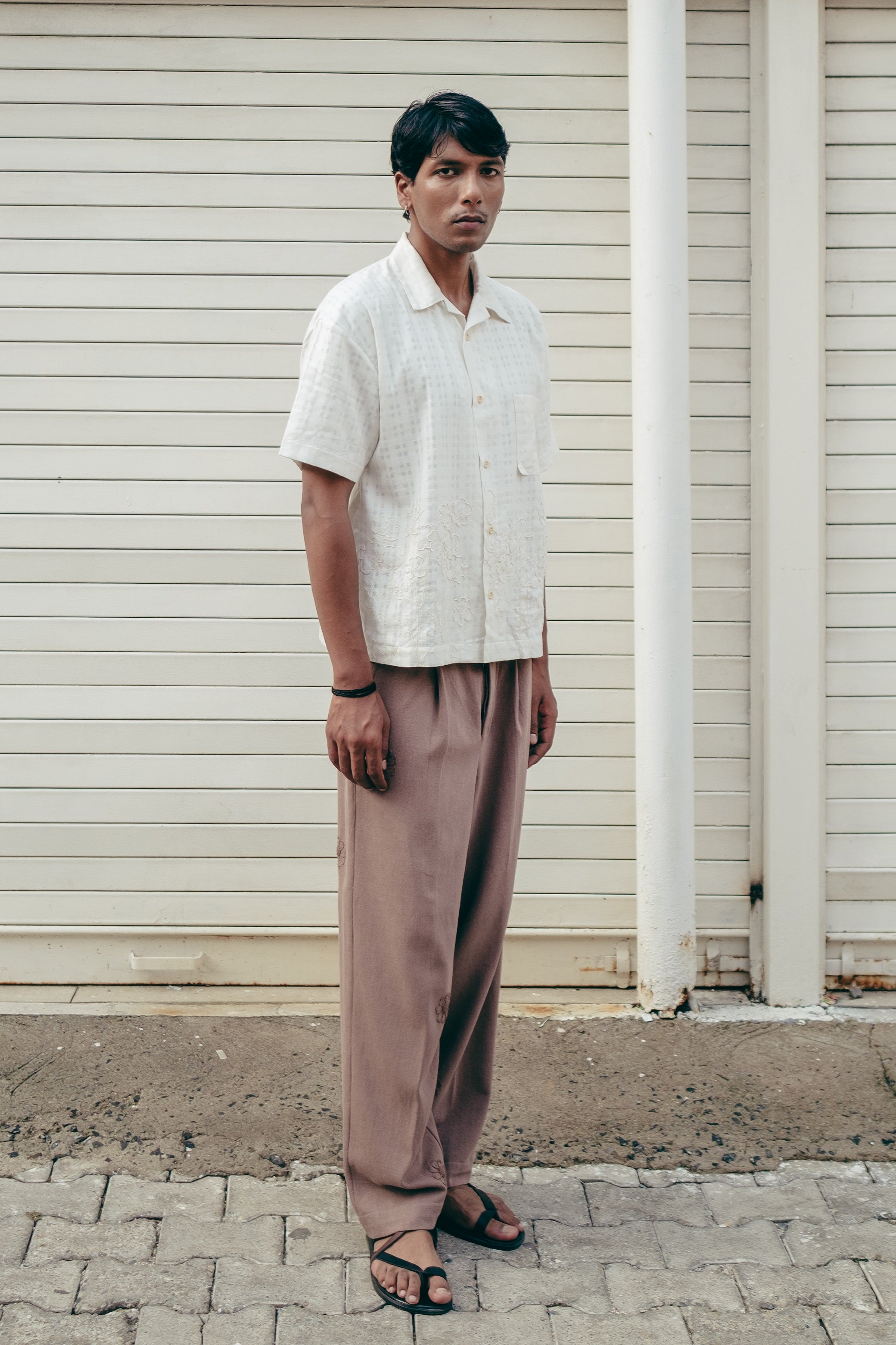 Embroidered Short Sleeve Khadi Vacay Shirt, in Ecru