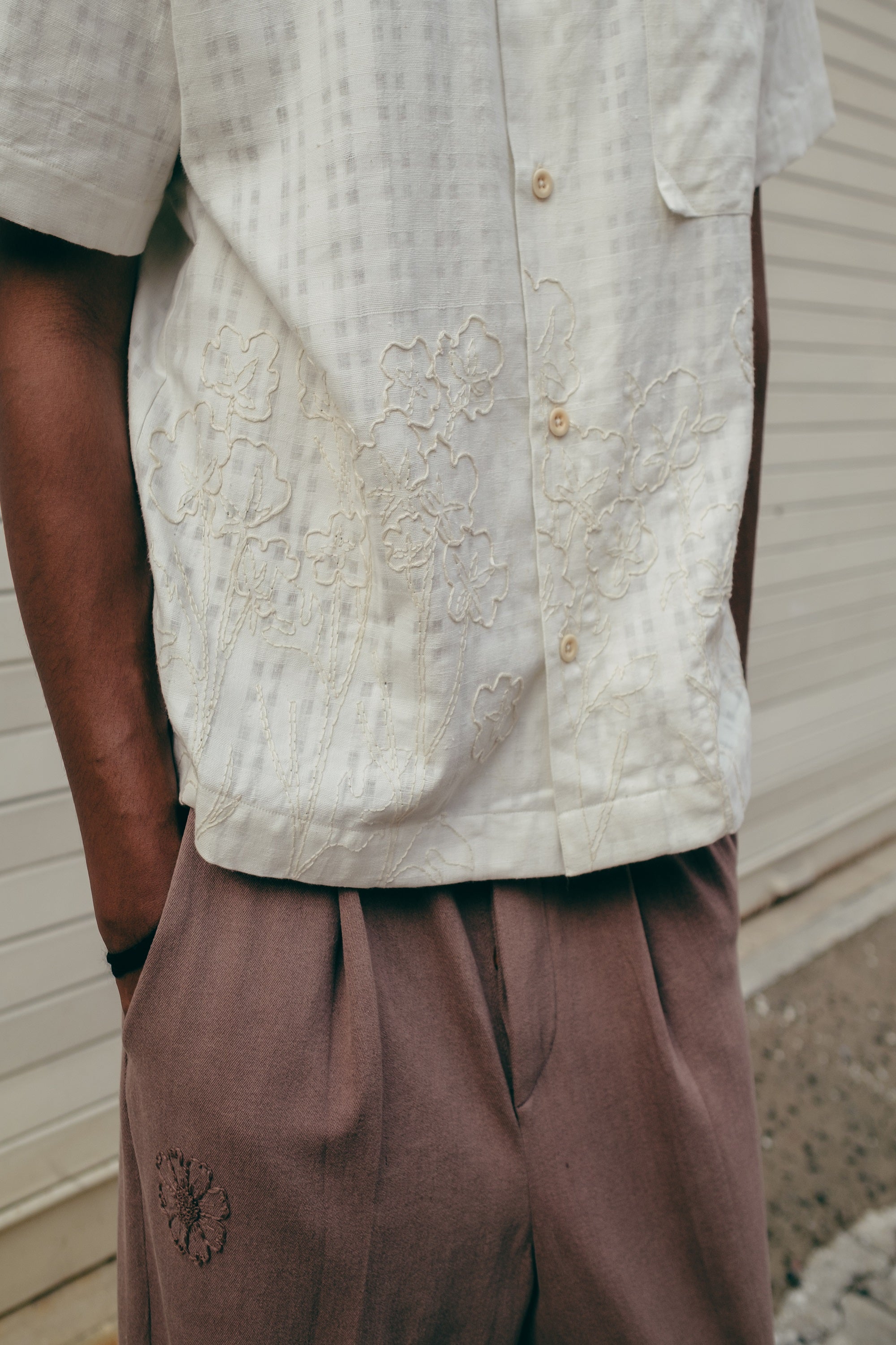 Embroidered Short Sleeve Khadi Vacay Shirt, in Ecru