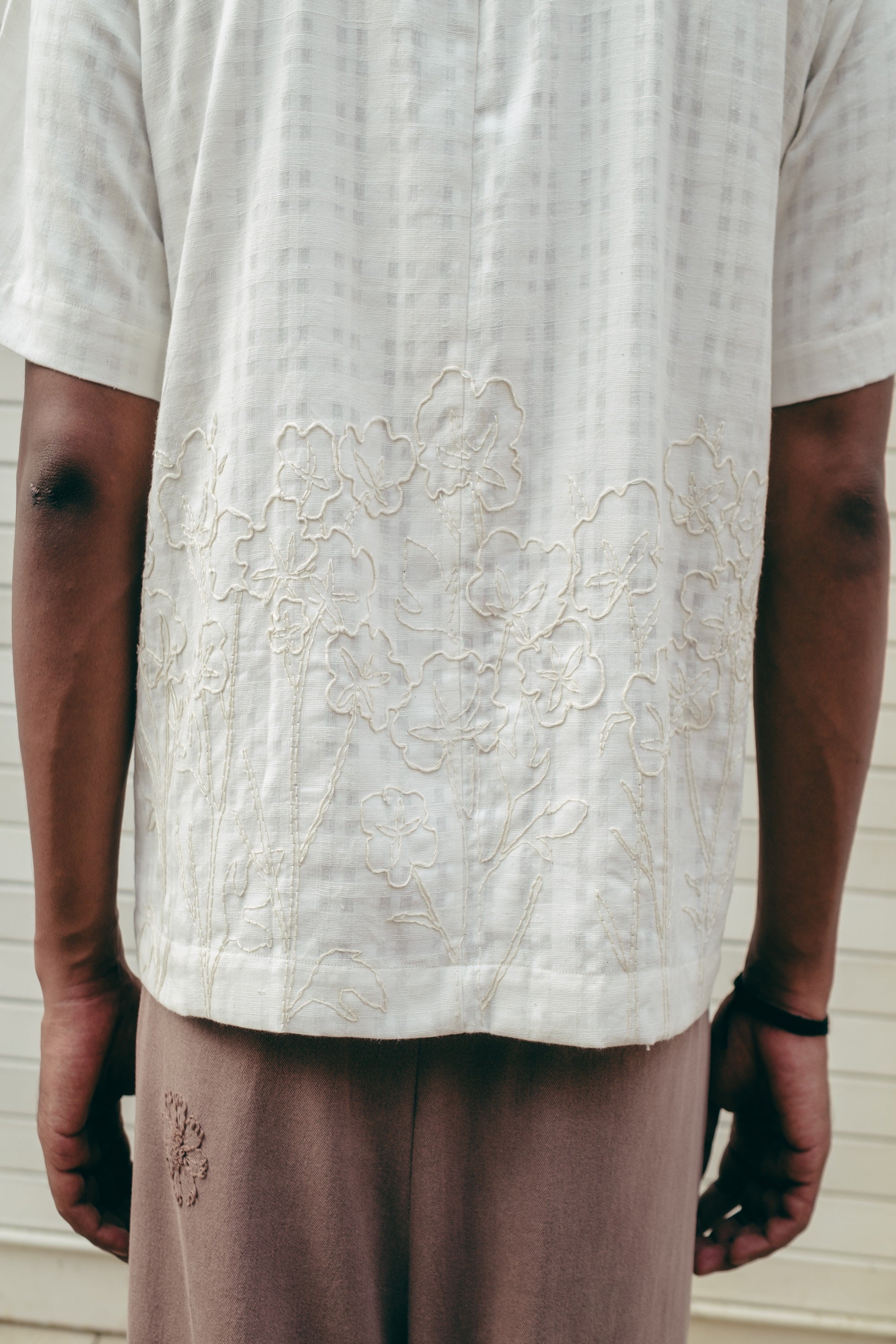 Embroidered Short Sleeve Khadi Vacay Shirt, in Ecru