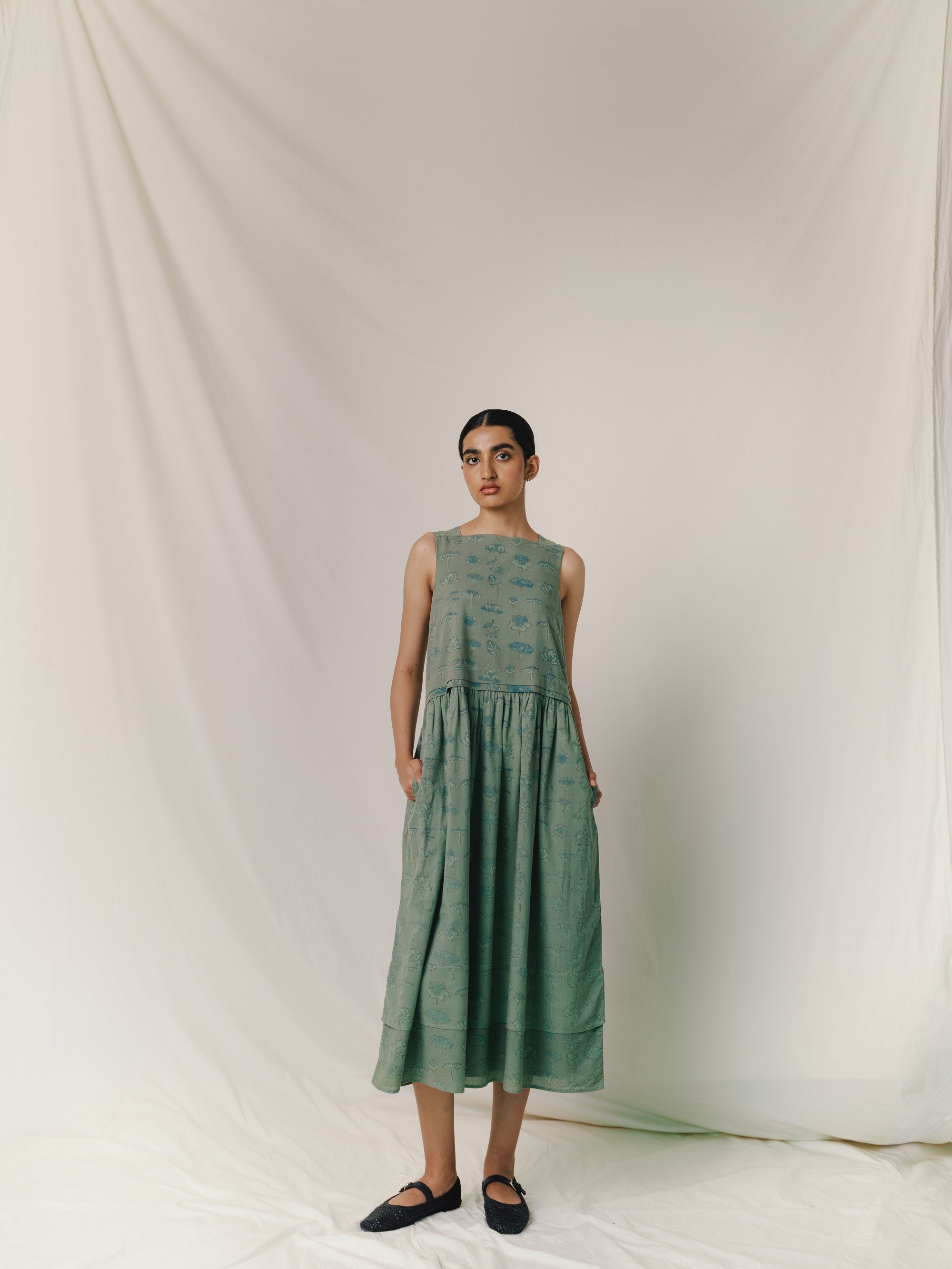 Sleeveless Boat Neck dress, in Greenstone Lotus print