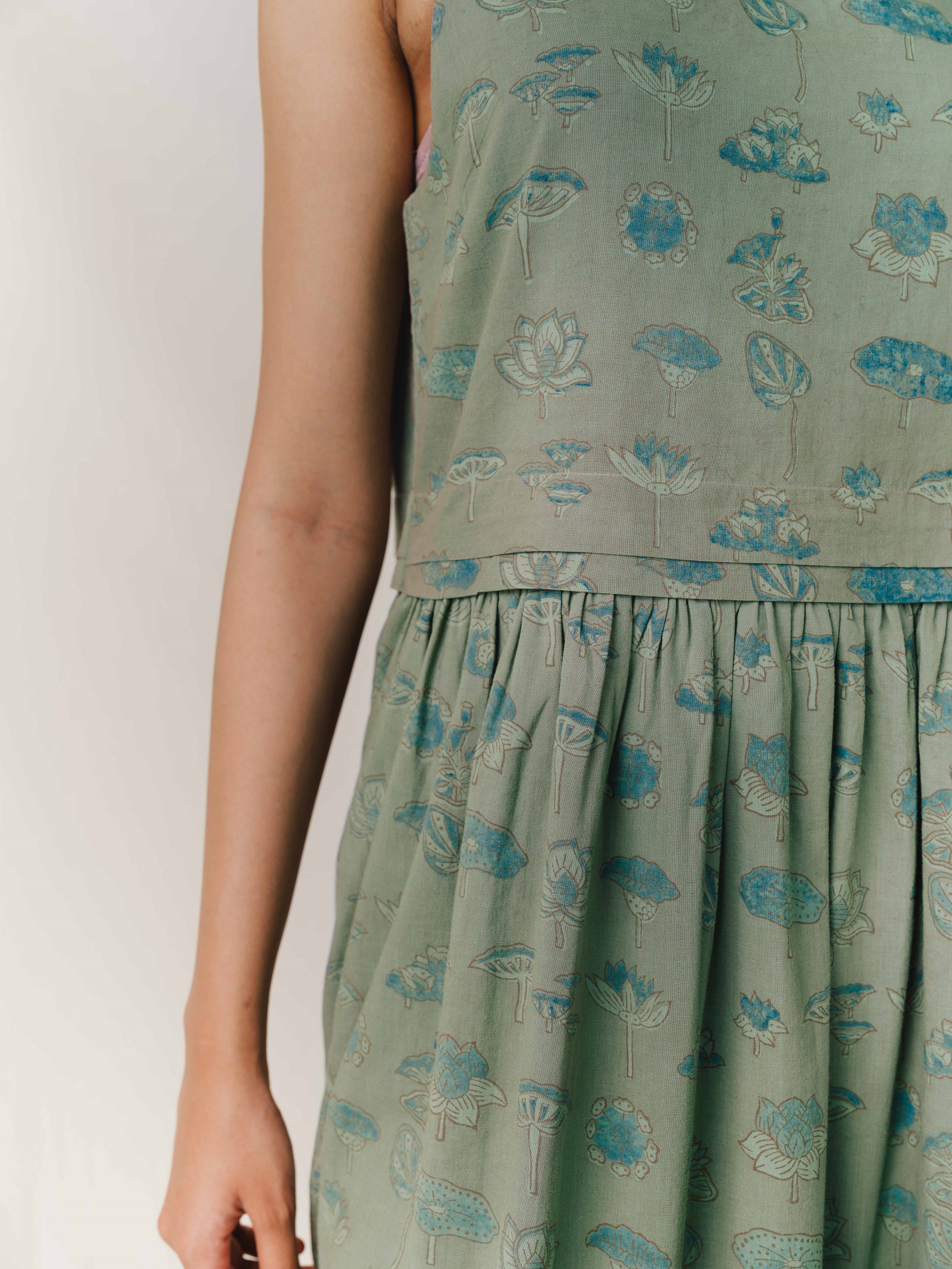 Sleeveless Boat Neck dress, in Greenstone Lotus print