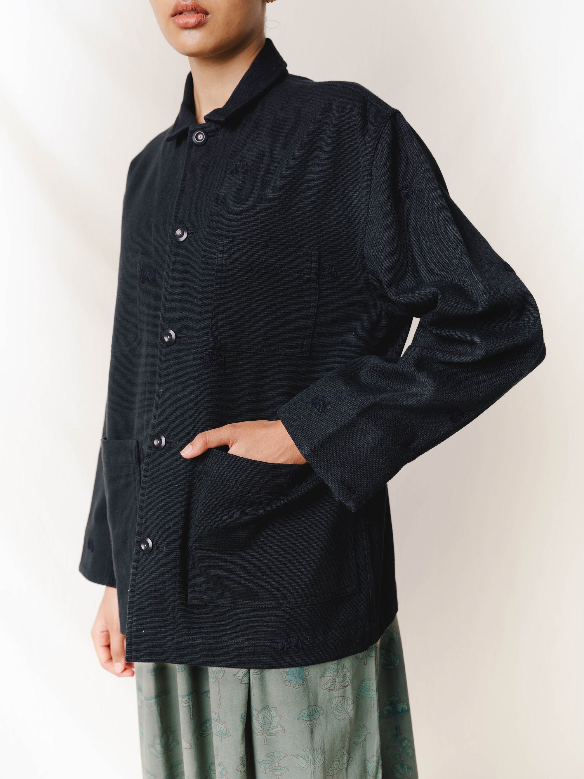 Hand-Embroidered Workwear Jacket, in Black