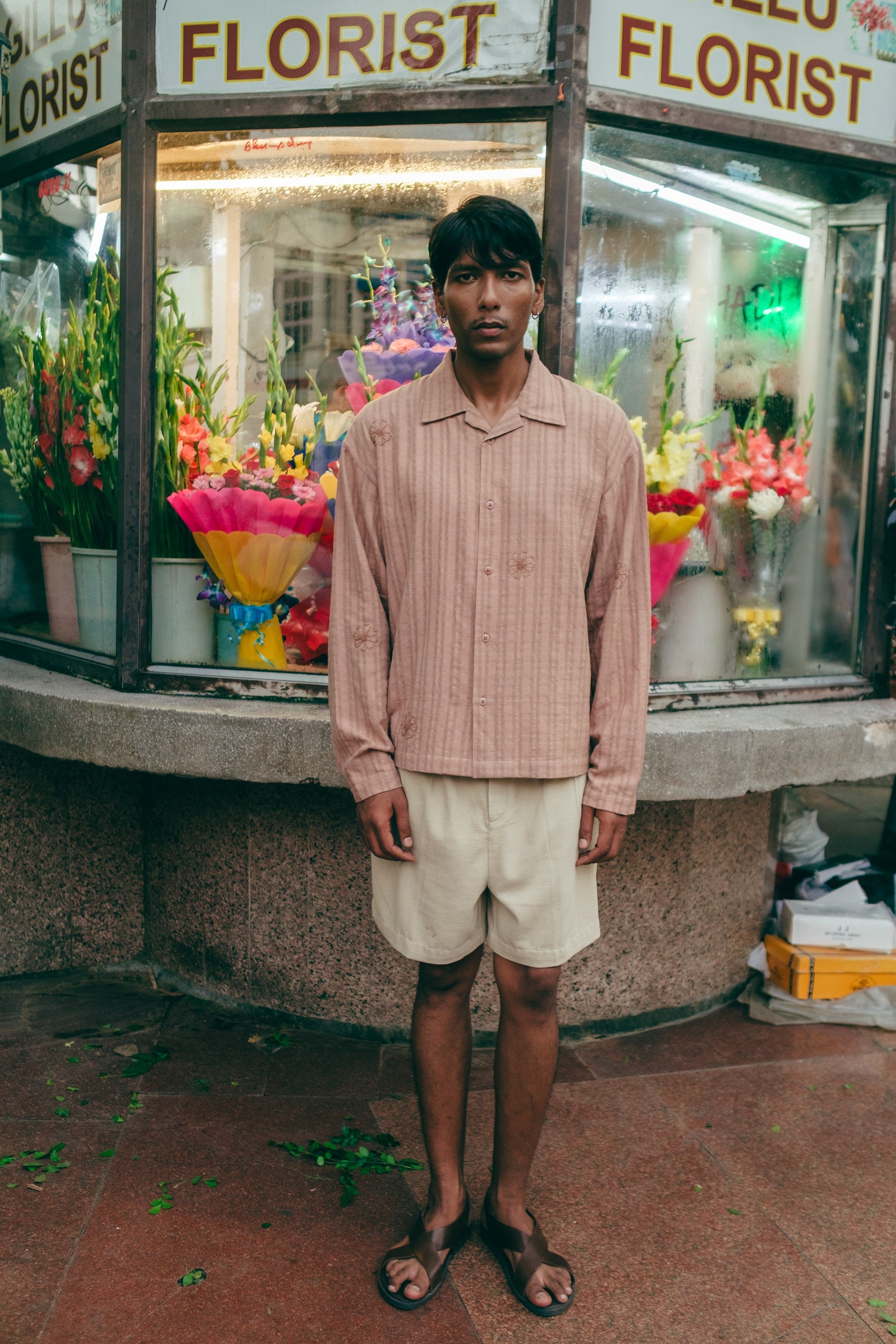 Embroidered Long Sleeve Khadi Vacay Shirt, in Umber