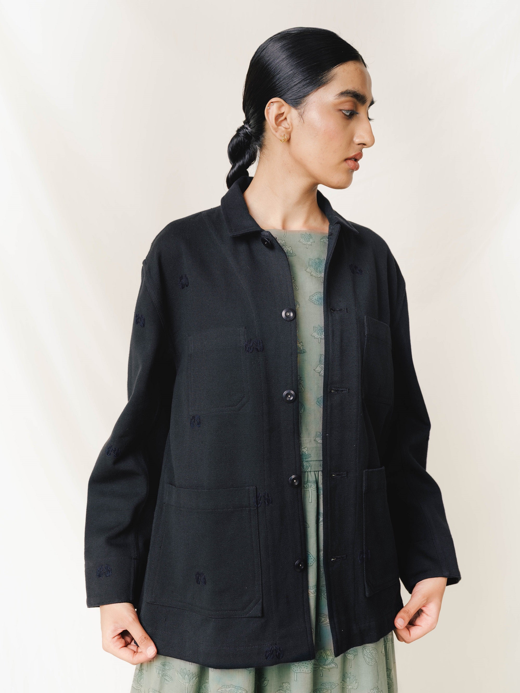 Hand-Embroidered Workwear Jacket, in Black