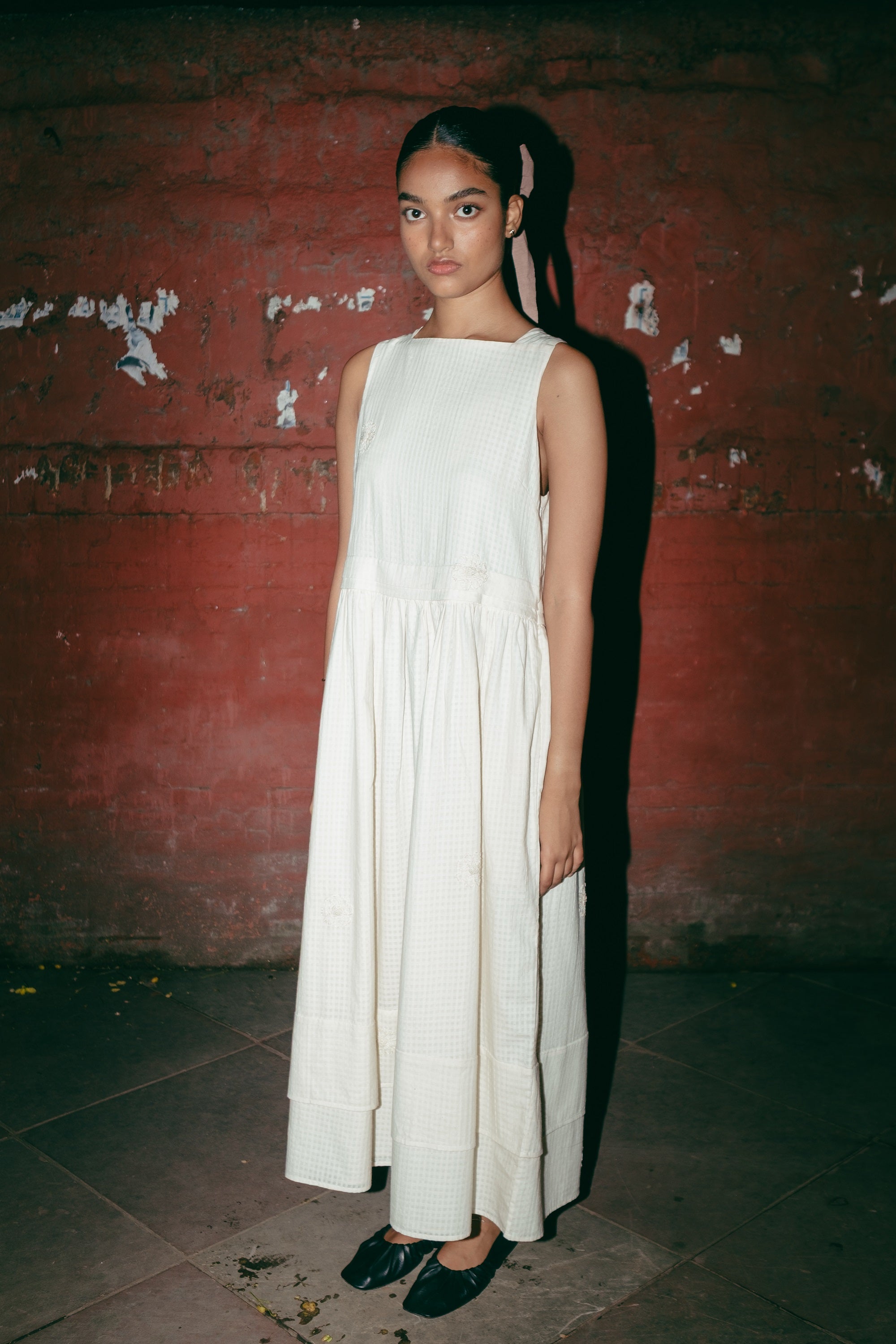 Embroidered Short Sleeve Khadi Boat Neck dress, in Ecru