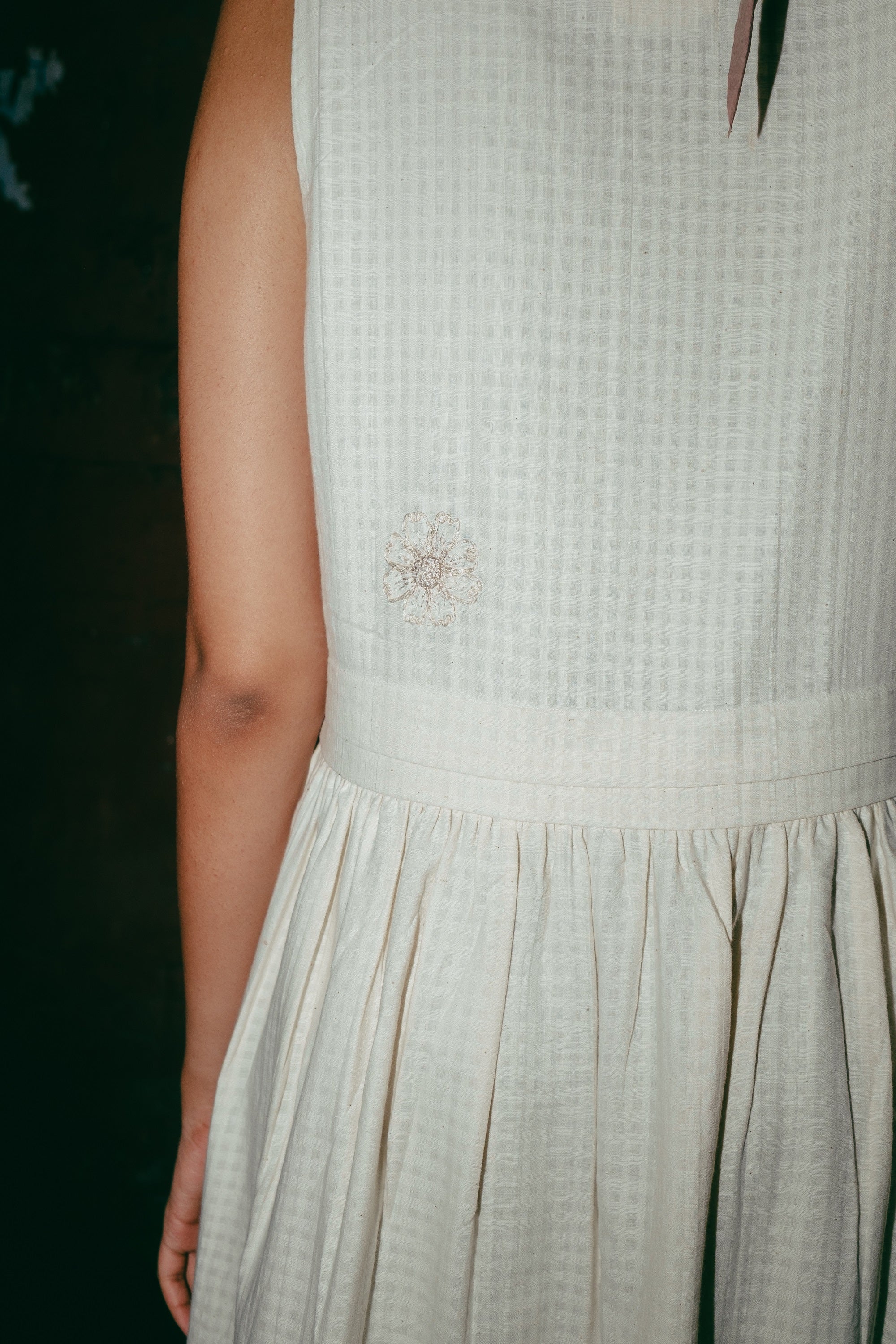 Embroidered Short Sleeve Khadi Boat Neck dress, in Ecru