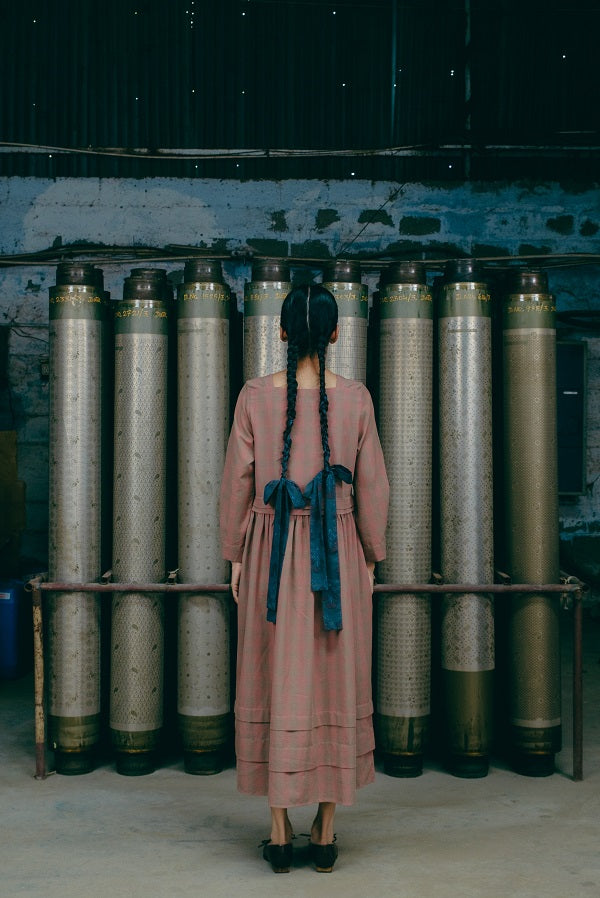 Boat Neck Dress, in Apricot Checked