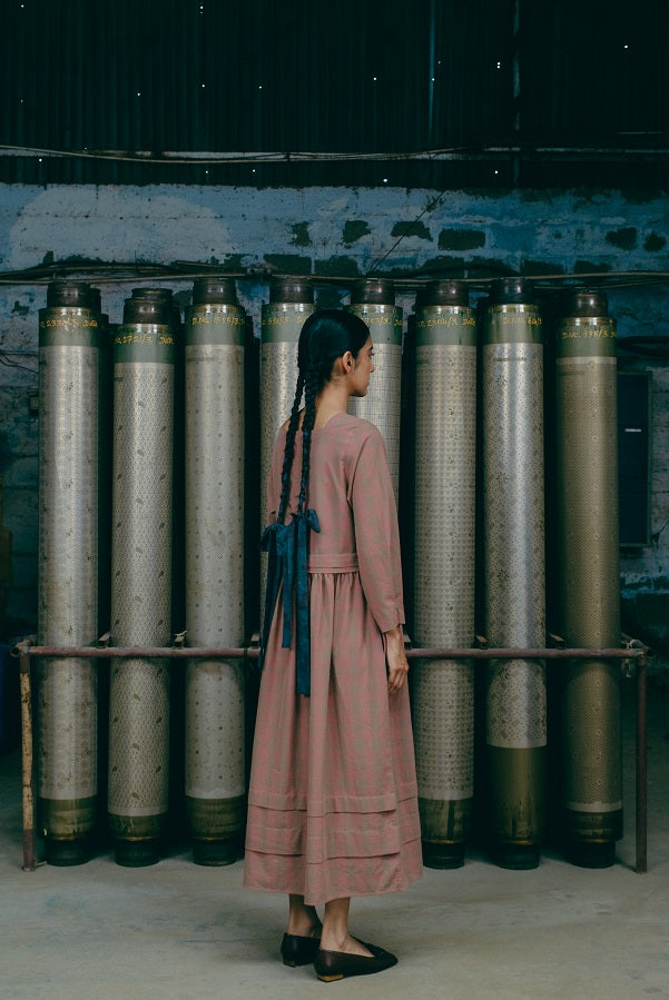 Boat Neck Dress, in Apricot Checked