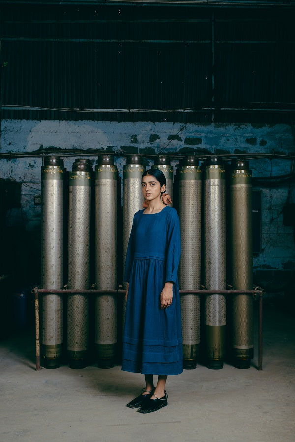 Hand-Embroidered Boat Neck Dress, in Indigo