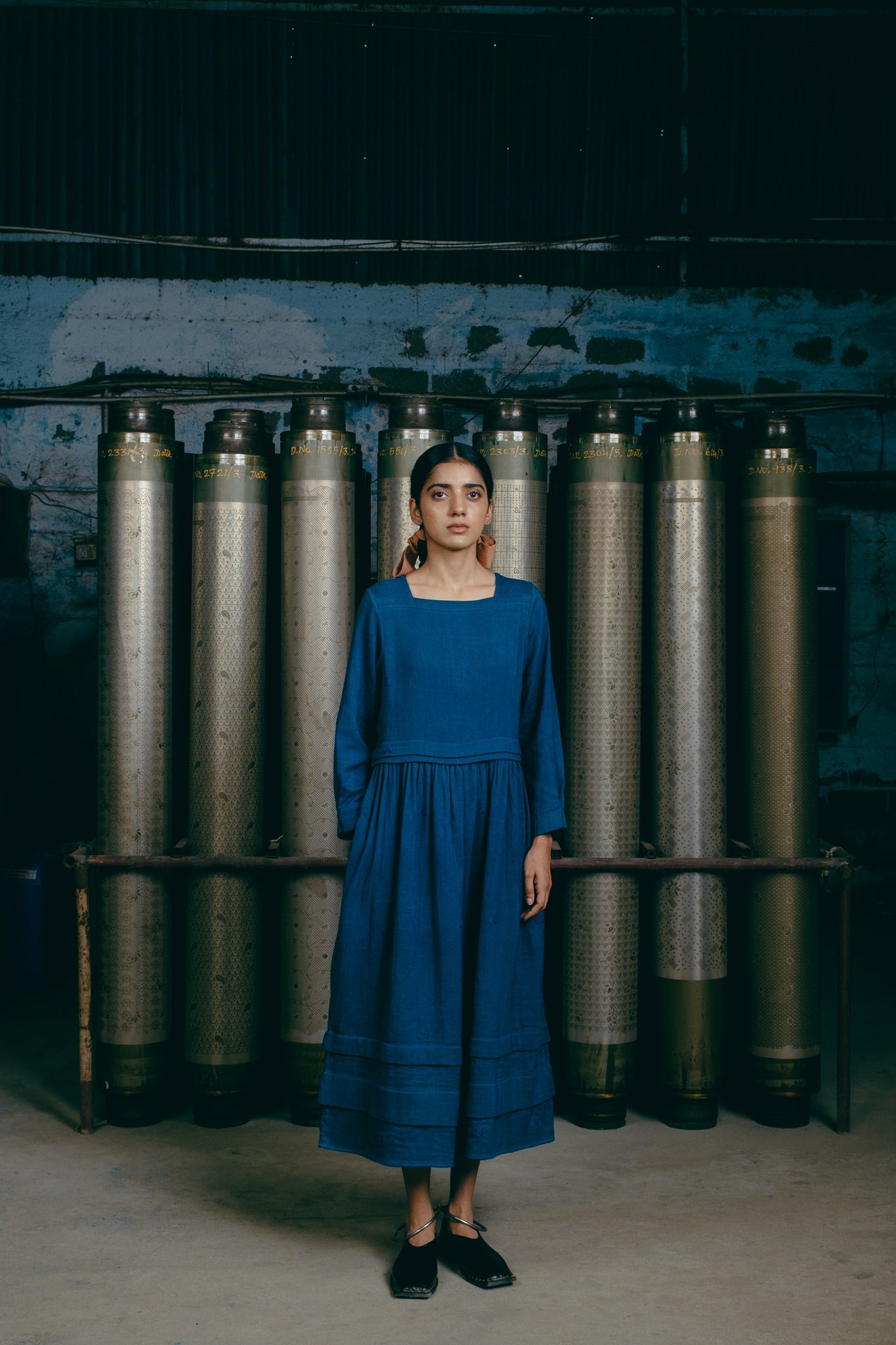 Hand-Embroidered Boat Neck Dress, in Indigo