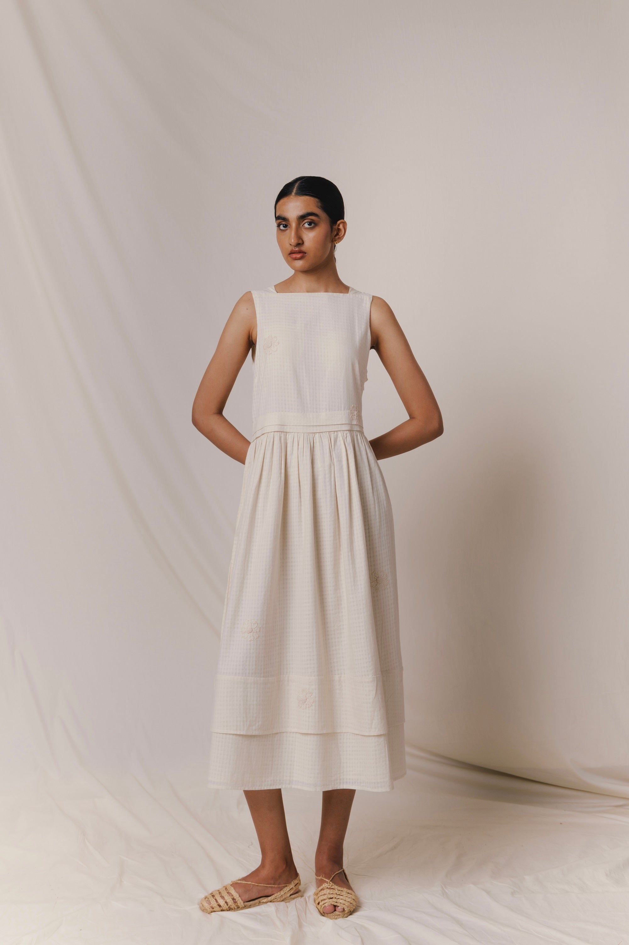 Embroidered Sleeveless Khadi Boat Neck dress, in Ecru