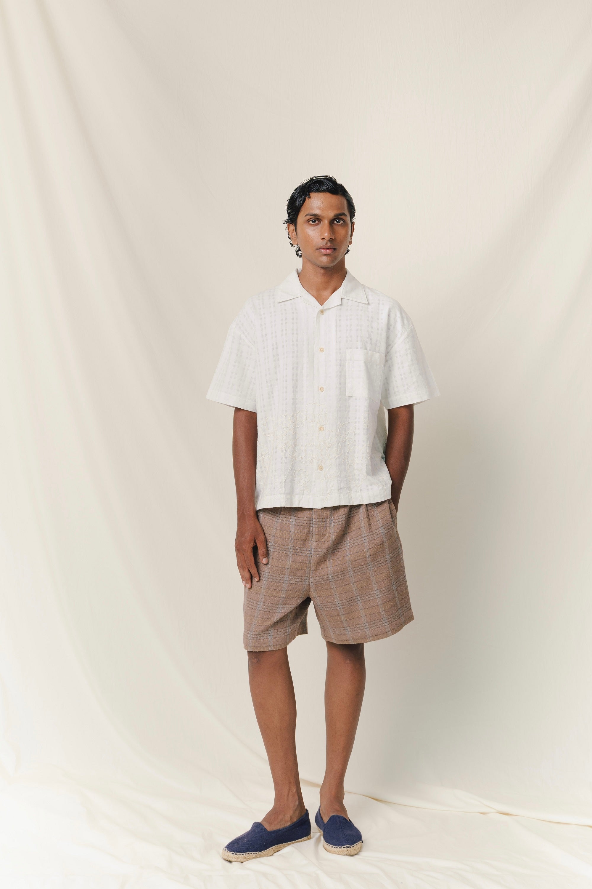 Embroidered Short Sleeve Khadi Vacay Shirt, in Ecru
