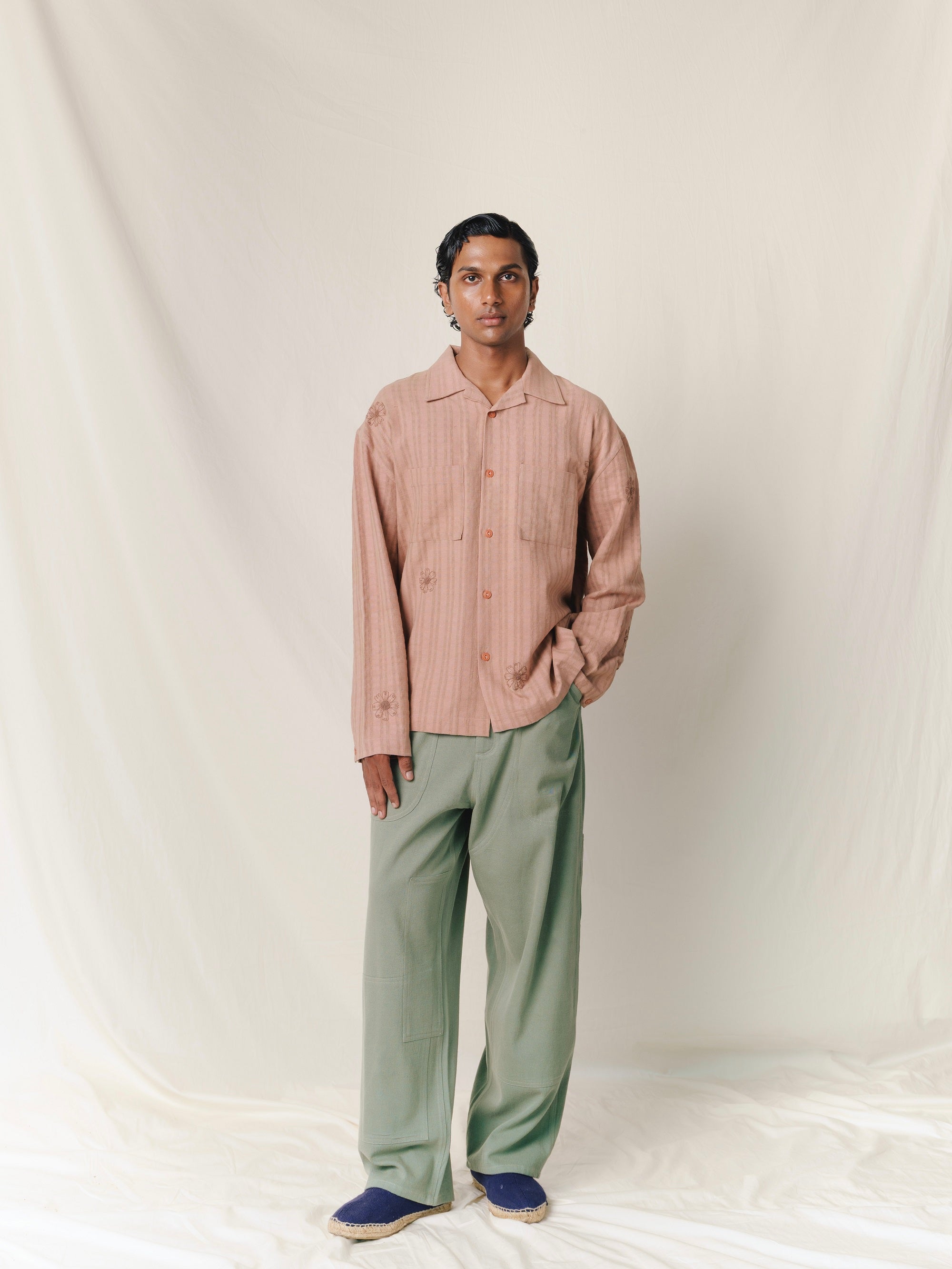 Embroidered Long Sleeve Khadi Vacay Shirt, in Umber