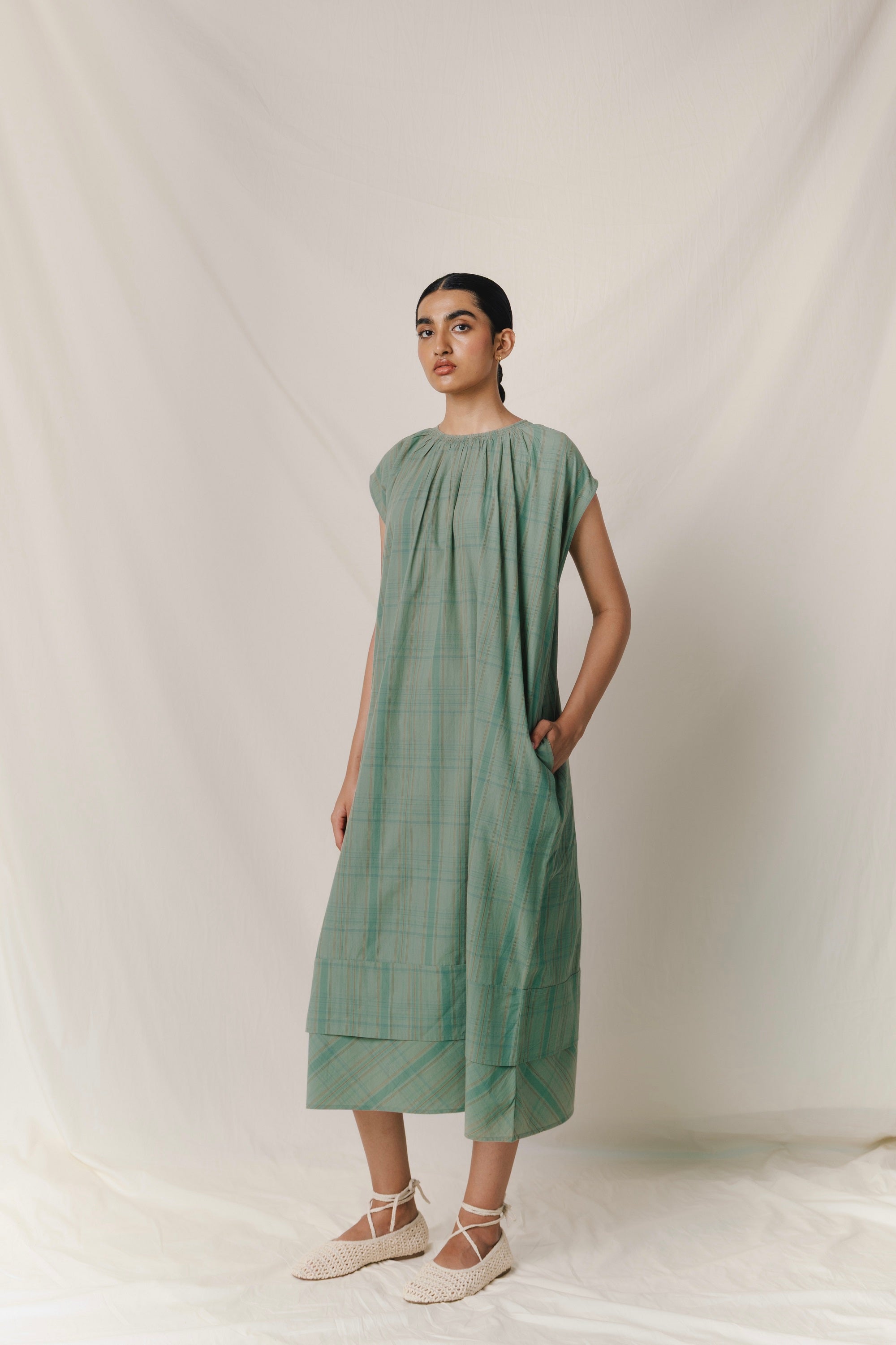 Short Sleeve Hammock Dress, in Greenstone Plaid