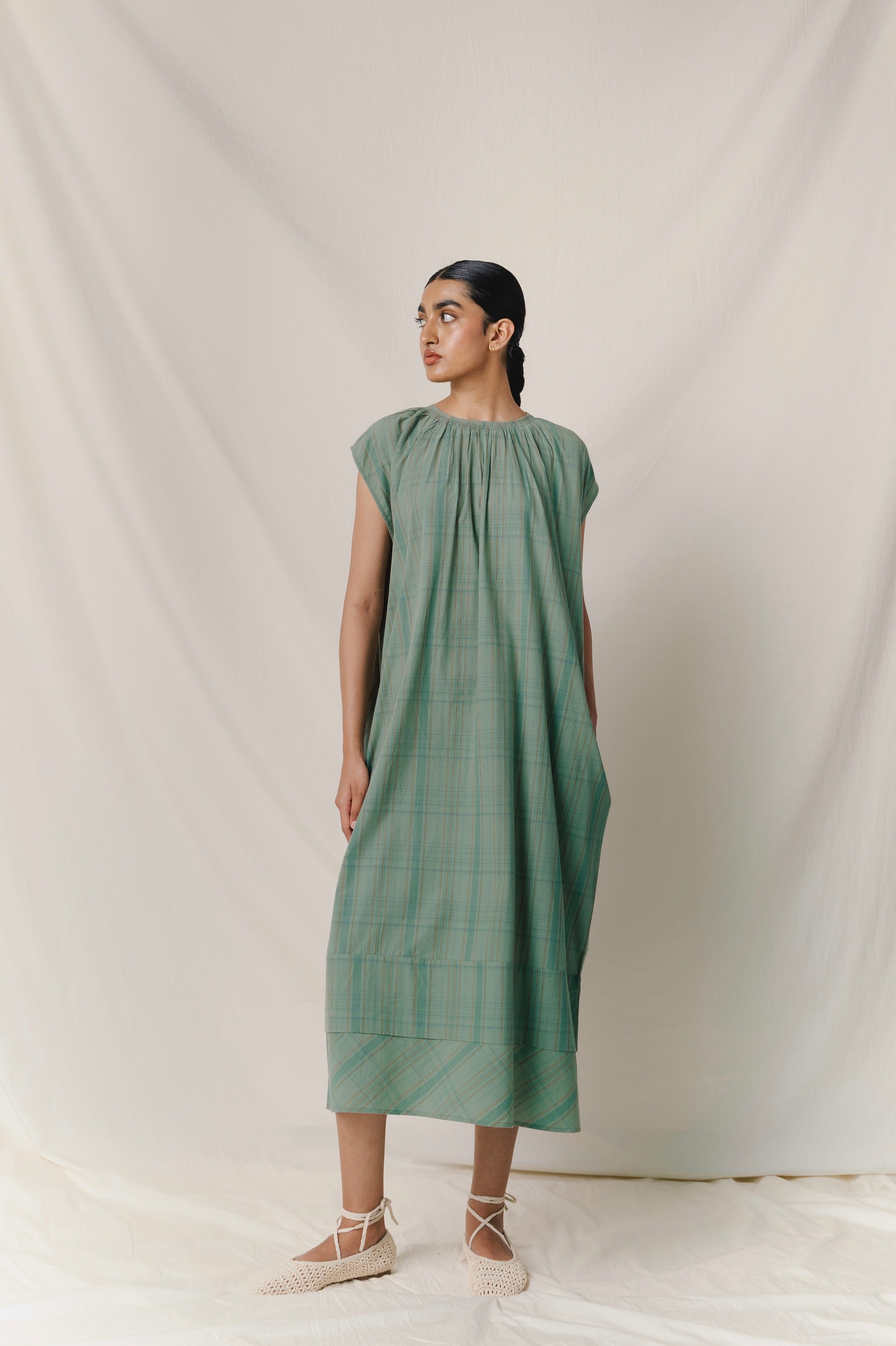 Short Sleeve Hammock Dress, in Greenstone Plaid
