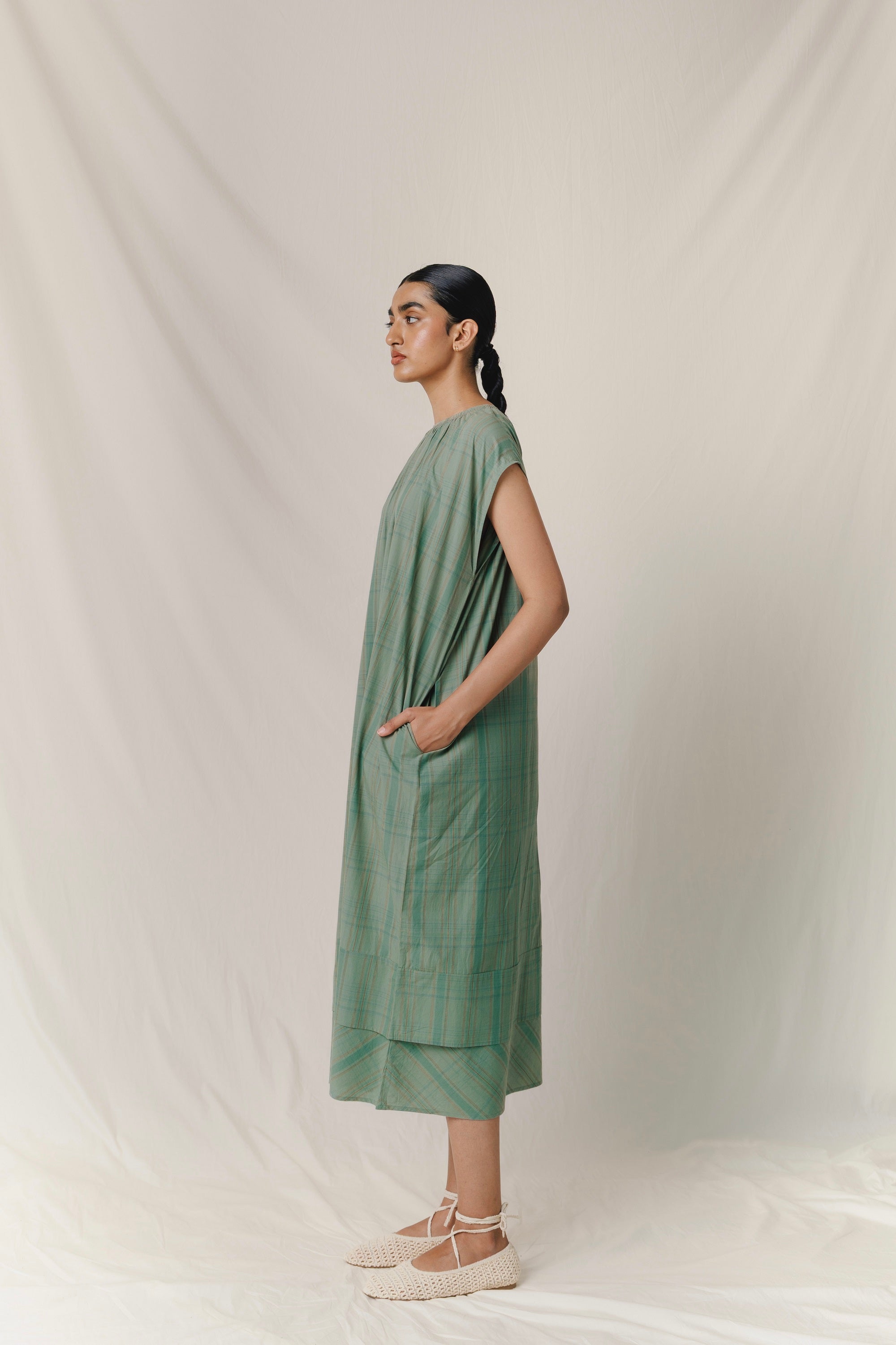 Short Sleeve Hammock Dress, in Greenstone Plaid