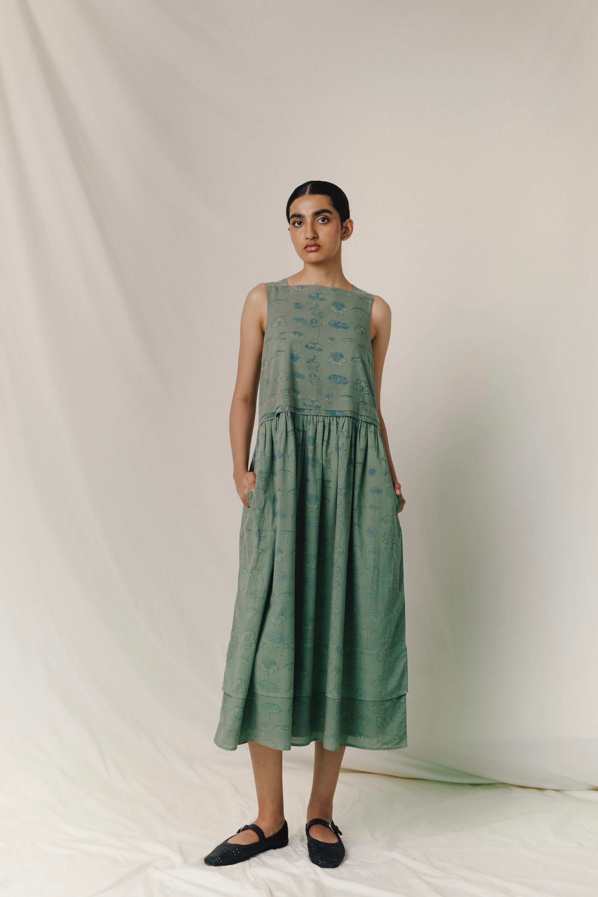Sleeveless Boat Neck dress, in Greenstone Lotus print