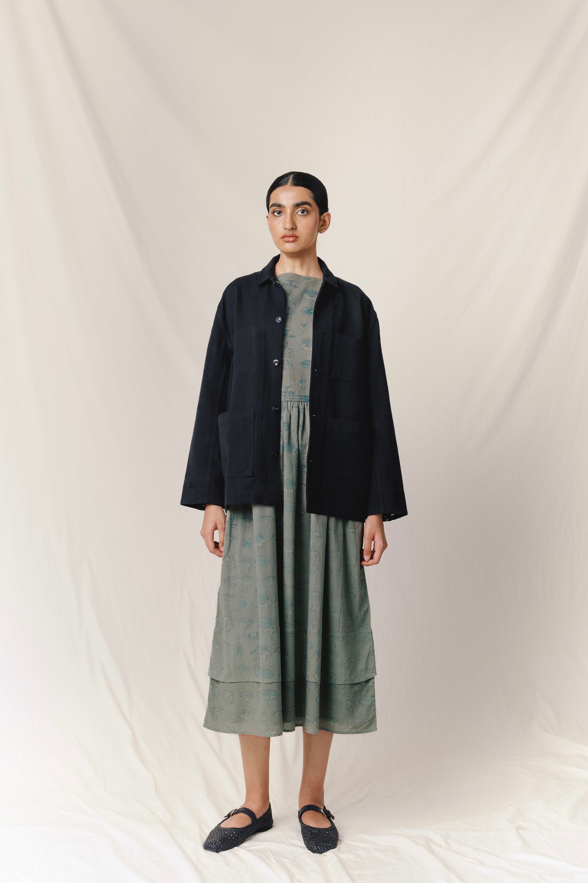 Hand-Embroidered Workwear Jacket, in Black