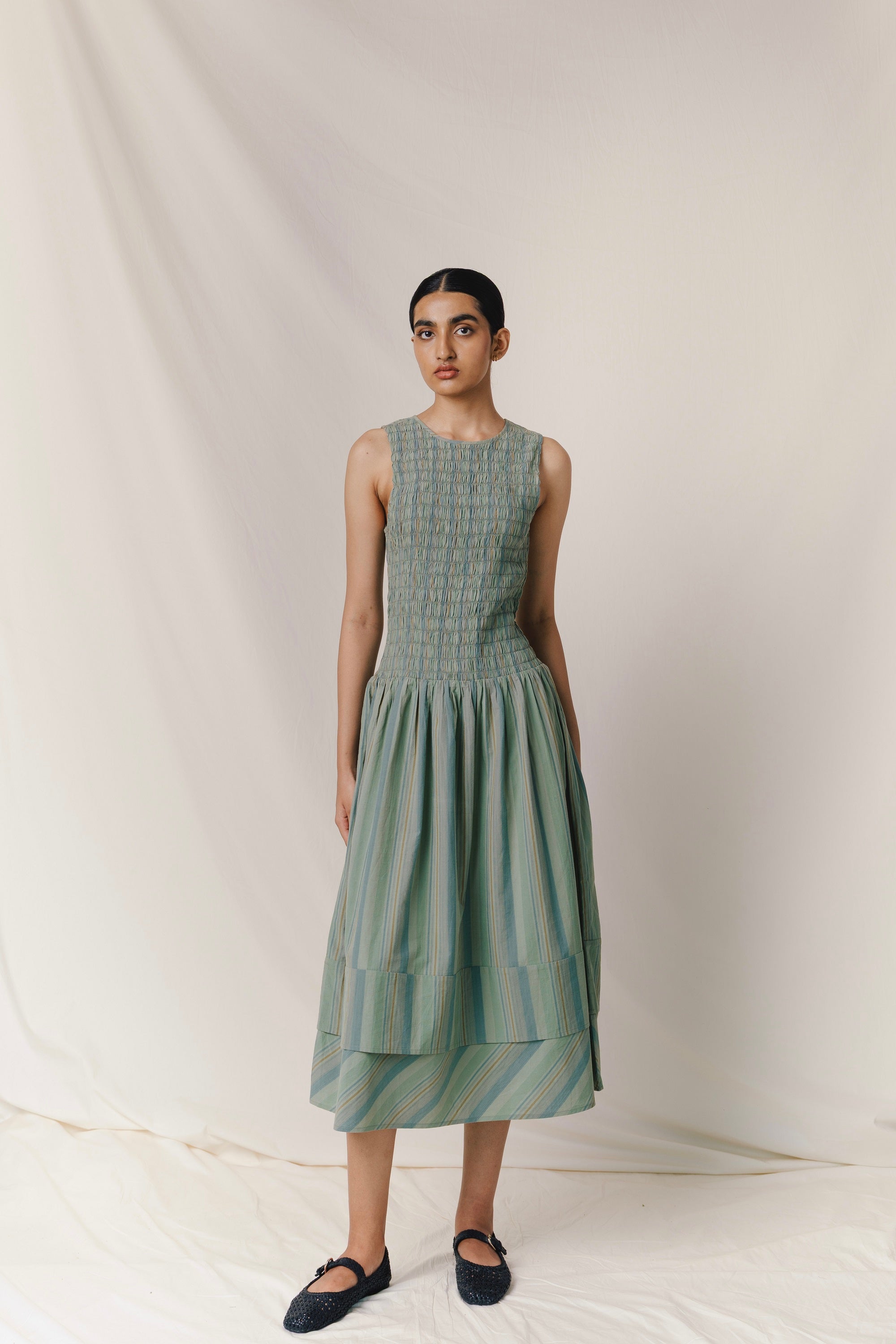 Smocked Midi Dress, in Greenstone