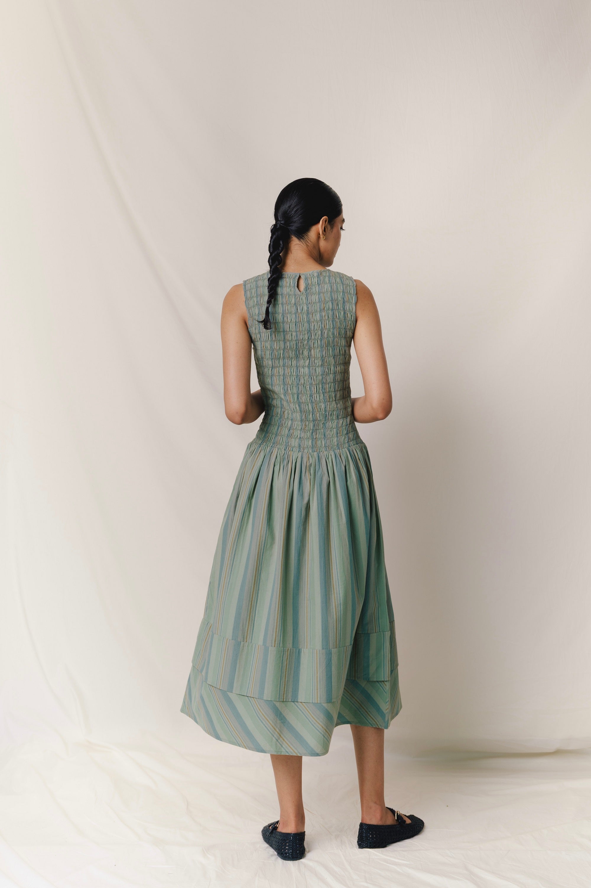 Smocked Midi Dress, in Greenstone