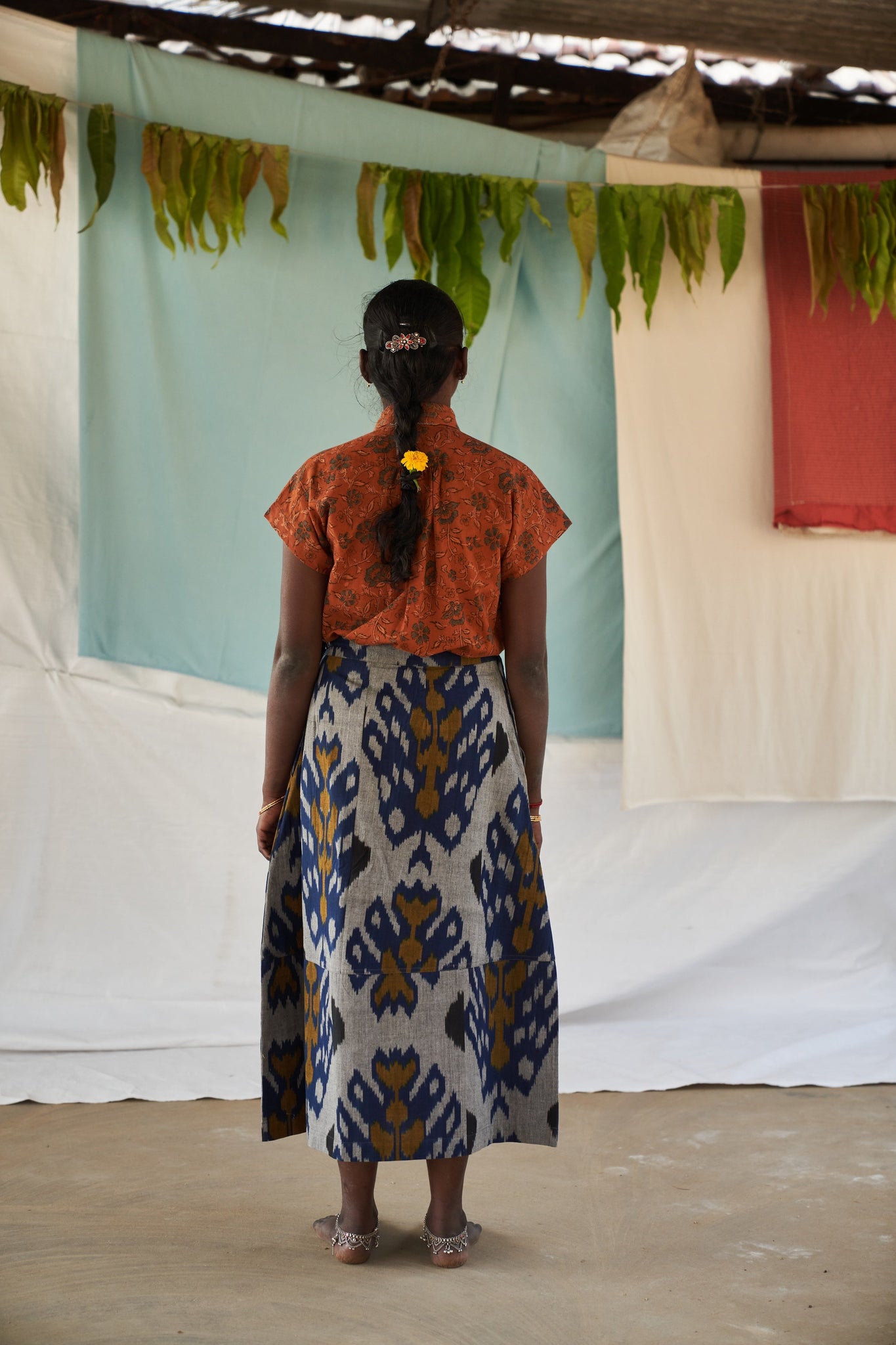 Pleated Sabi Skirt, in Mandragora Ikat